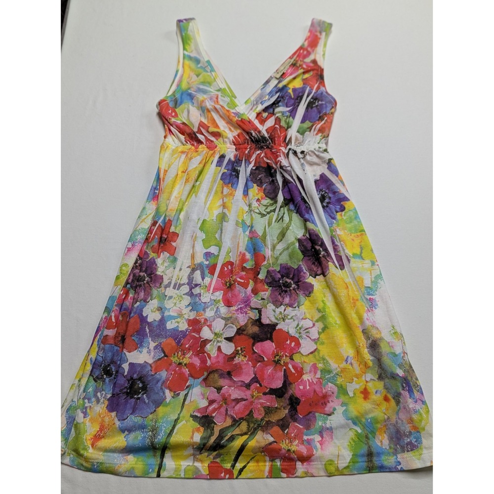 Twentyone Y2K Floral Watercolor Mini Dress Womens Medium V-Neck Empire Waist USA